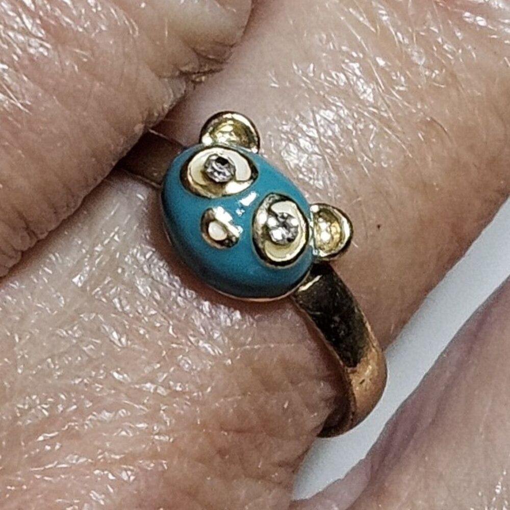 Gold Tone Blue Enamel Bear Face Ring Clear Rhinestone Eyes Adjustable Size 7.25 - Picture 1 of 12